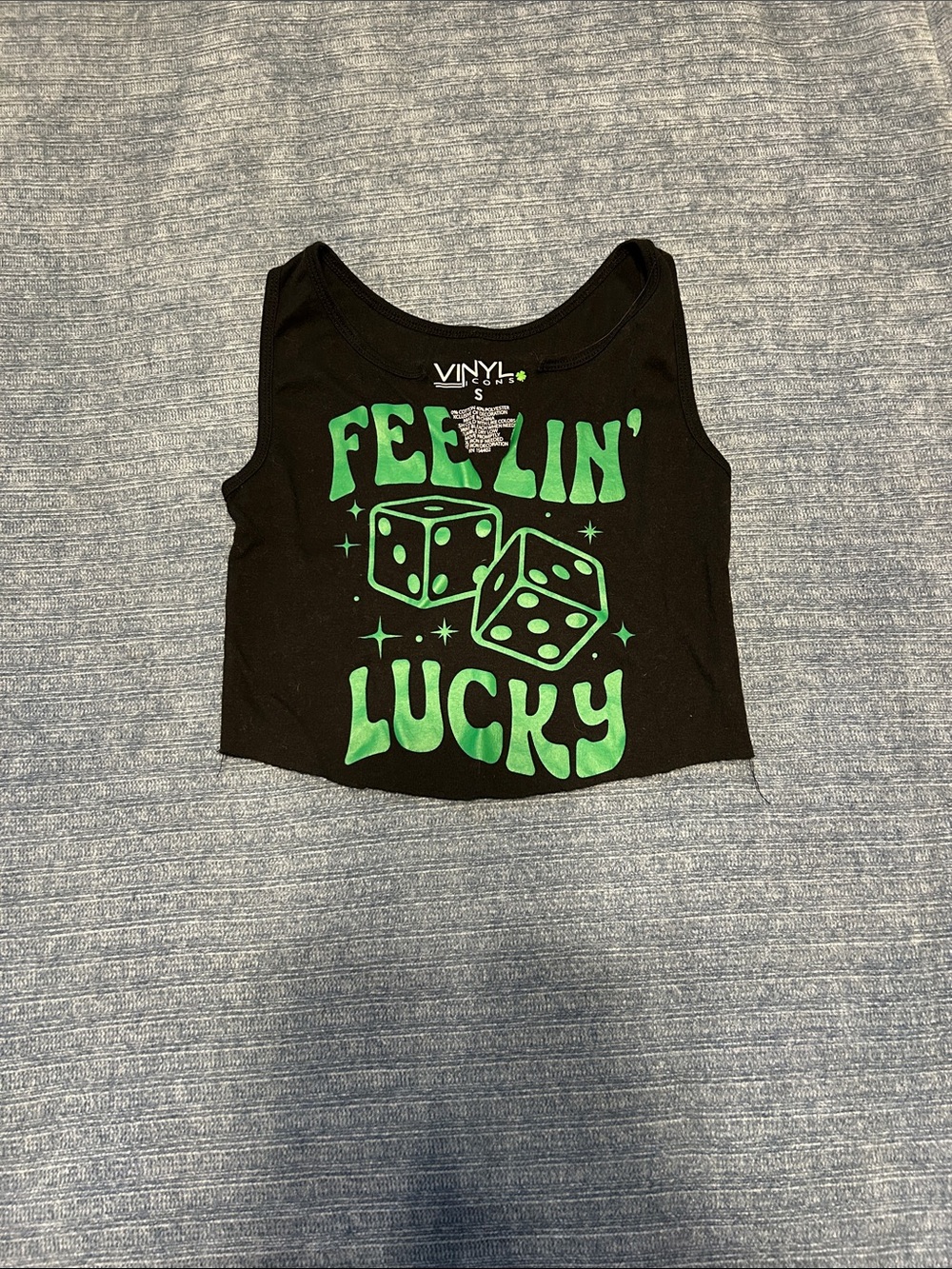 VINYL Black Tank Top with Green "Feelin' Lucky" Graphic